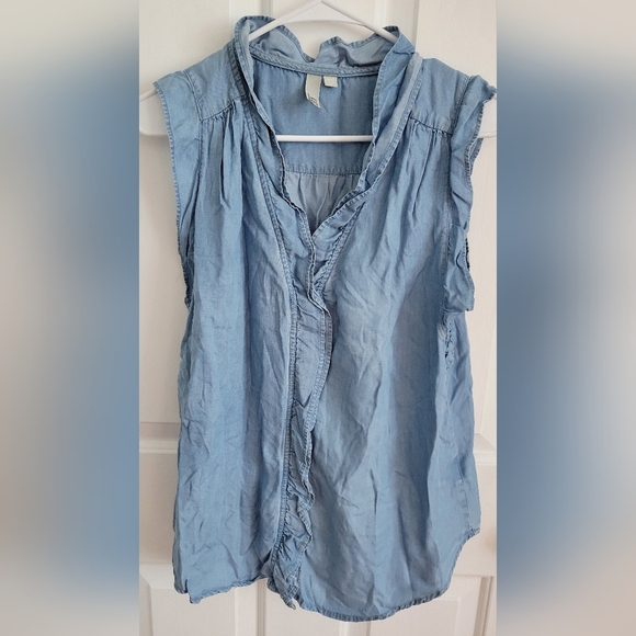 KUT from the Kloth Sleeveless Chambray Denim Ruffle Sleeve Button-Up - Picture 1 of 6